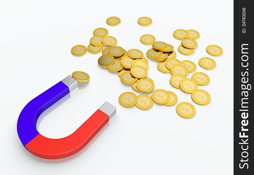 3D render of money magnet with golden coins