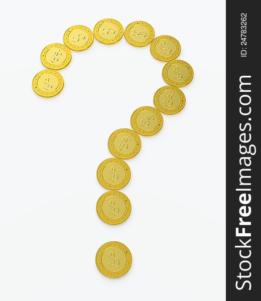 Question sign made of golden coins on white background