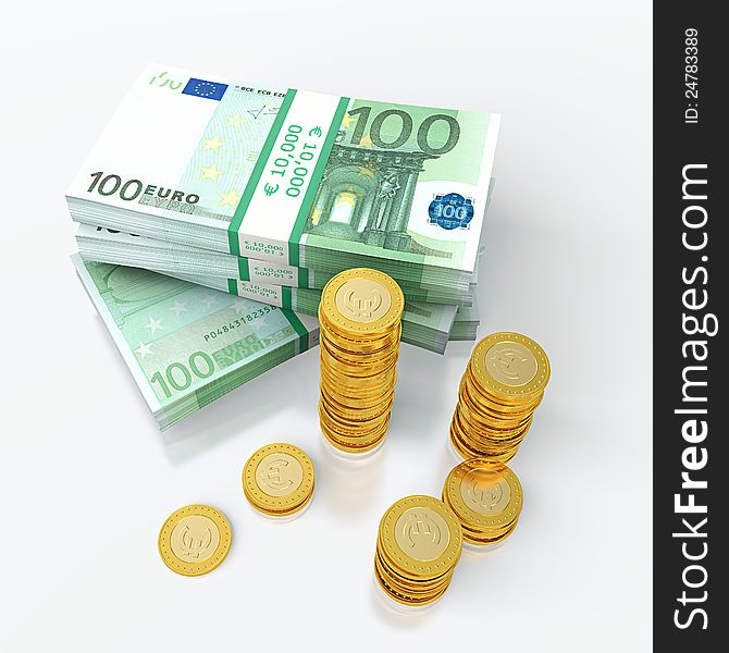 3D render of euro and golden coins stack. 3D render of euro and golden coins stack.