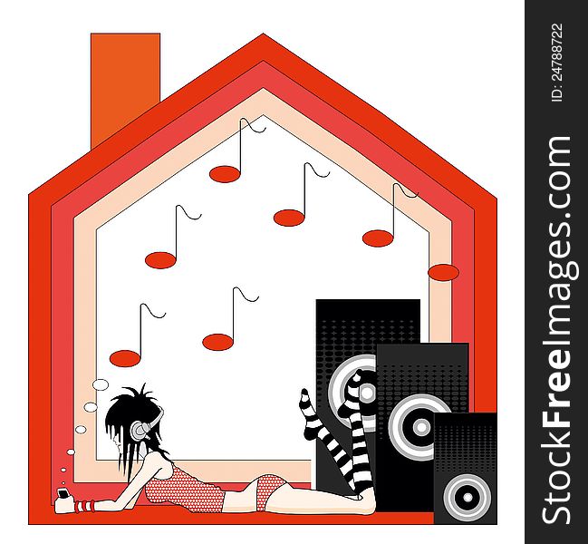 Illustration of house and girl with music. Illustration of house and girl with music