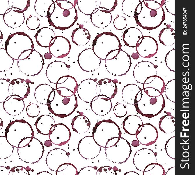 Seamless Watercolor Pattern With Drawings Of Round Red Wine, Juice Stains, Splashes On White Background