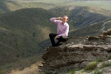 Man With Notepad And Telephone On Mountain Stock Images Man With Notepad And Telephone On Mountain Stock Images