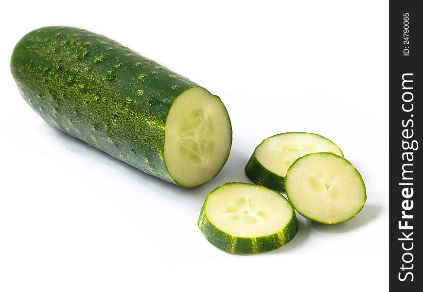 A close up shot of cucumber slices isolated on the white background
