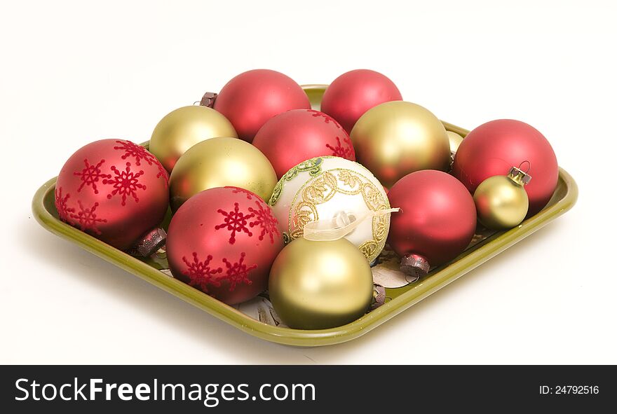 Variety of Christmas ornaments on a tray