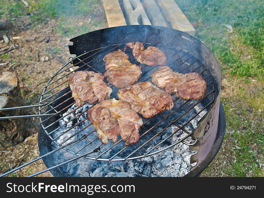 BBQ in nature in a sunny day. Pig steaks on fire. BBQ in nature in a sunny day. Pig steaks on fire.