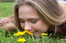 Pretty Girl Smells Dandelion Royalty Free Stock Photo Pretty Girl Smells Dandelion Royalty Free Stock Photo
