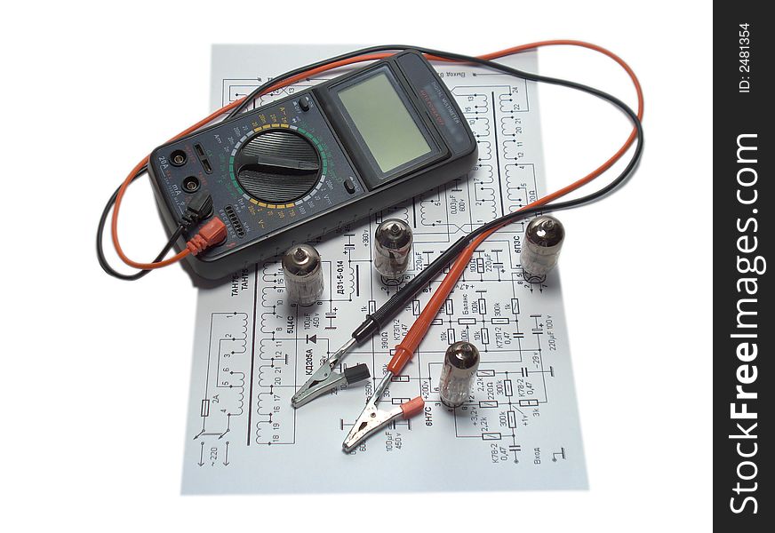 Electronic circuit with vacuum tubes and multimeter. Electronic circuit with vacuum tubes and multimeter