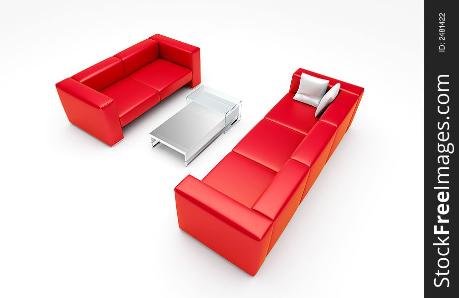 3d render of scene with sofas, pillows and table. 3d render of scene with sofas, pillows and table