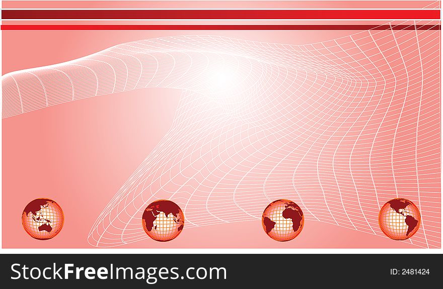 Vector abstract illustration of globes on a red background with mesh waves. This file was made as a design element for global and technological concepts. Vector abstract illustration of globes on a red background with mesh waves. This file was made as a design element for global and technological concepts.