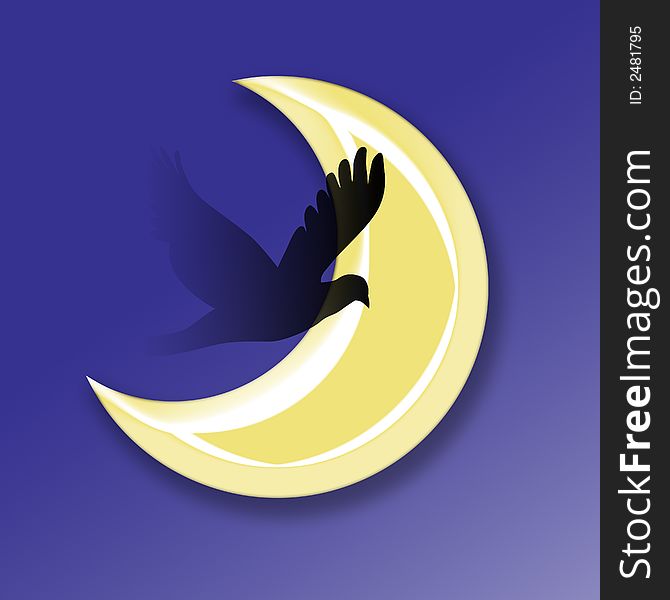 Illustration of a bird sillouhette against an evening moon. Illustration of a bird sillouhette against an evening moon.