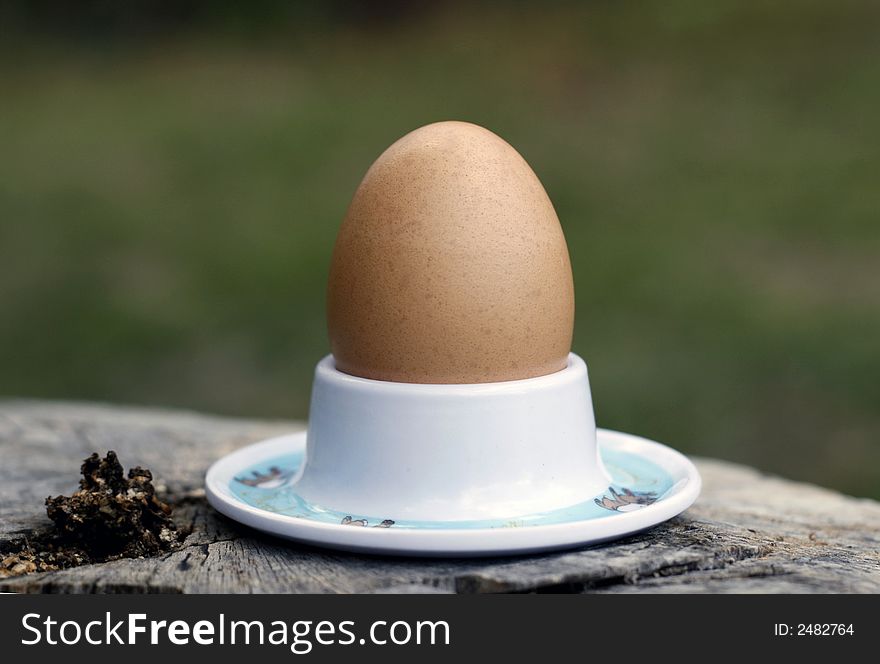 A soft boiled egg in an egg cup.