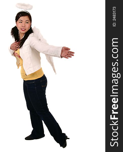 Asian girl wearing angel wing with her hand reaching to her back about to helping others. Asian girl wearing angel wing with her hand reaching to her back about to helping others