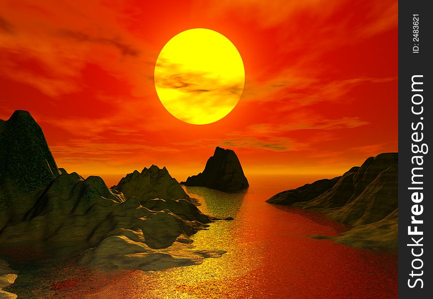 Beautiful sunset and moutain - computer generated image