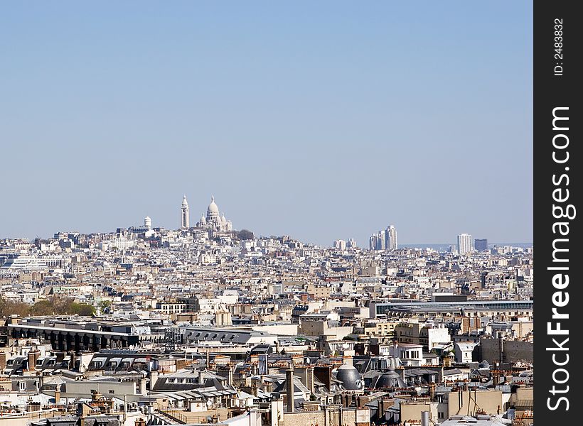 Basilica of the Sacre Cœur on Montmartre from the top of the Arch de Triumph, Paris, France