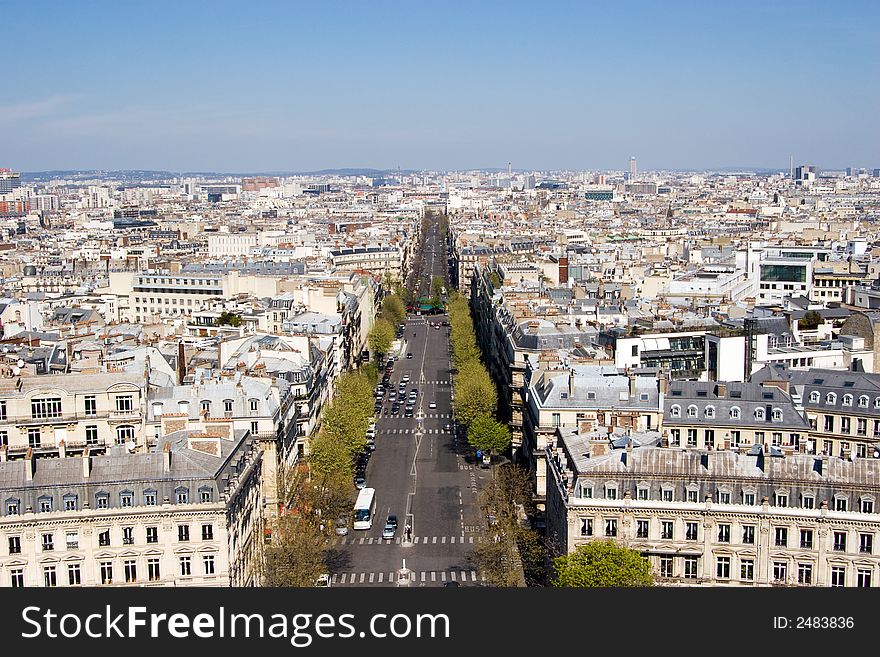 Wide-angle View up the Champs Elysees from the top of the Arch de Triumph, Paris, France