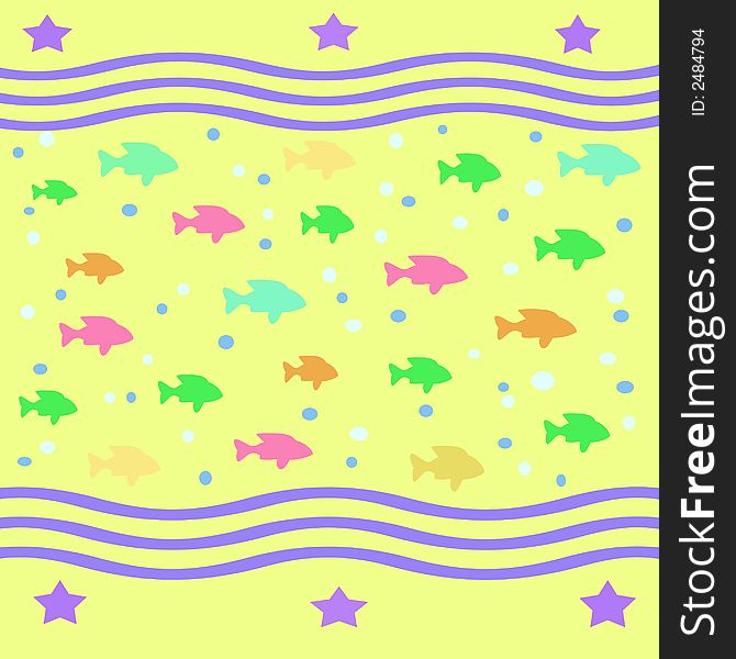 Colorful fish and bubbles scattered on  yellow background. Colorful fish and bubbles scattered on  yellow background