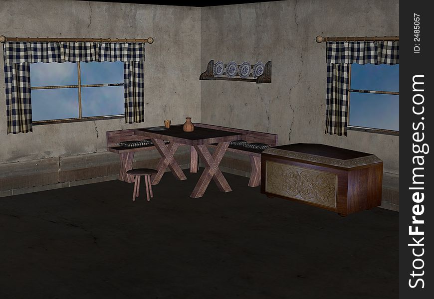 A simple rustic cottage room with curtains at the window and a wood plank table. Computer generated image, 3D models. A simple rustic cottage room with curtains at the window and a wood plank table. Computer generated image, 3D models.