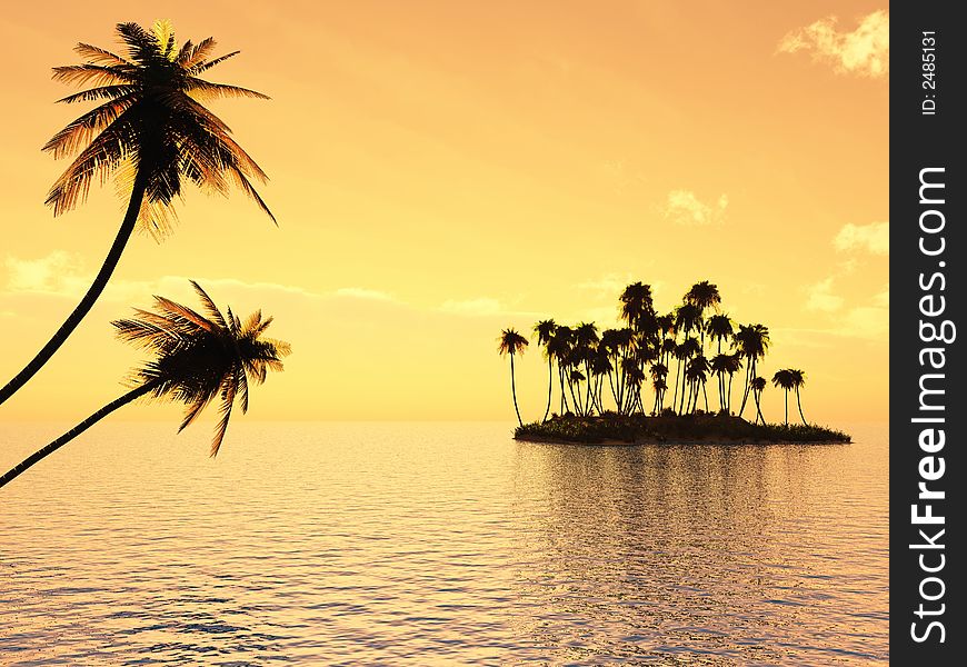 Sunset coconut palm trees on small island - 3d illustration.