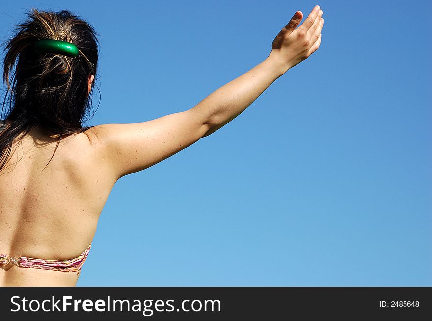 Attractive woman on sky background. Attractive woman on sky background