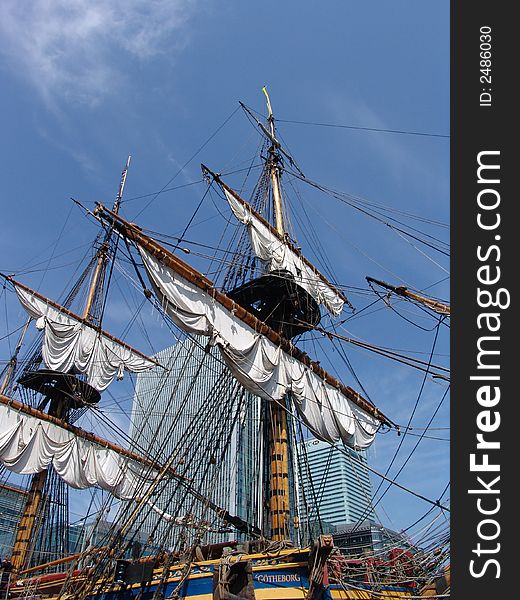 Swedish Tallship doocked in London's Canary Wharf business district. Swedish Tallship doocked in London's Canary Wharf business district