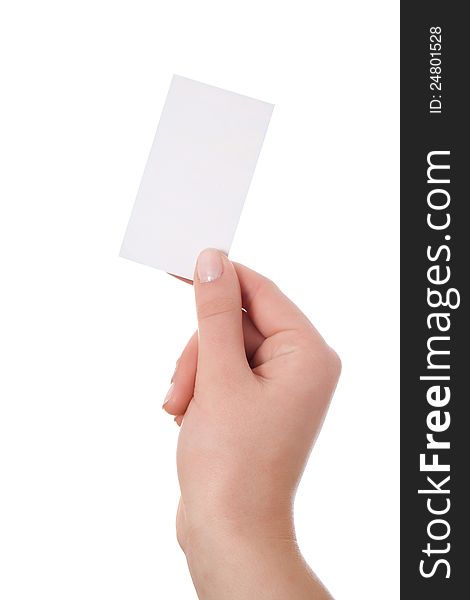 Hand holding blank business card isolated