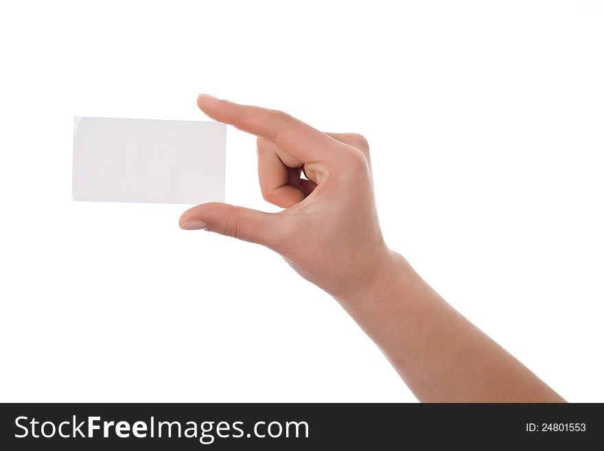 Hand holding blank business card isolated