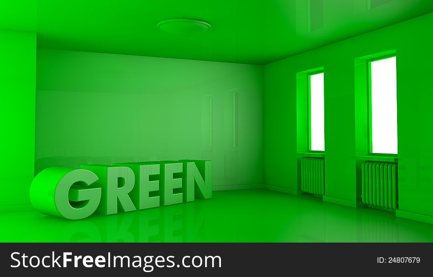 One empty room with the word: green on the floor. all in green color (3d render). One empty room with the word: green on the floor. all in green color (3d render)