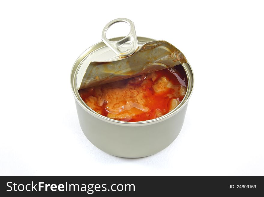 Curry tuna massaman in can on white background, canned food. This image contain clipping path