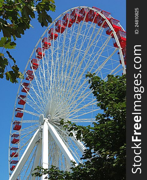 A high Ferris wheel amusement ride at Navy Pier Chicago, IL with trees in foreground. A high Ferris wheel amusement ride at Navy Pier Chicago, IL with trees in foreground