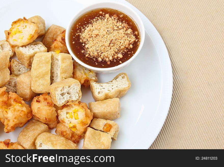 Fried tofu and corn fritter