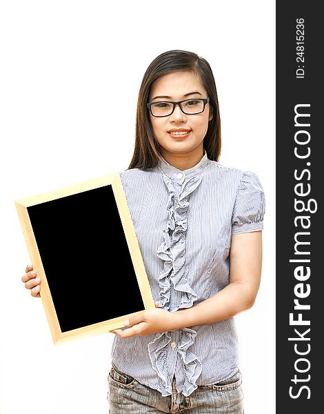 Portrait glass young woman holding a black billboard wood over white background