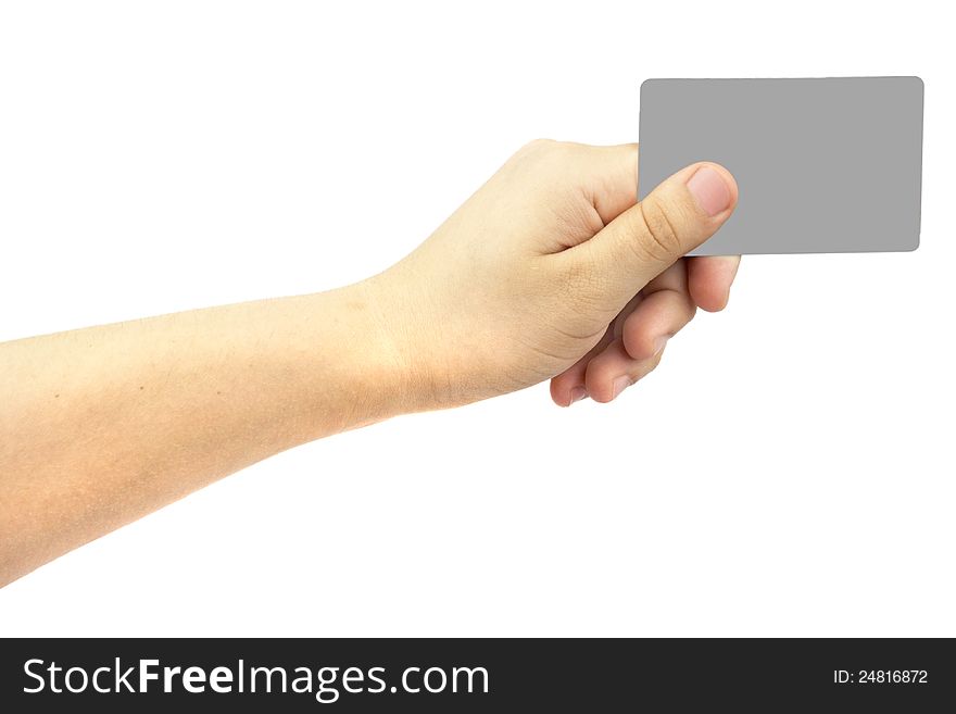 Hand and a card isolated on white