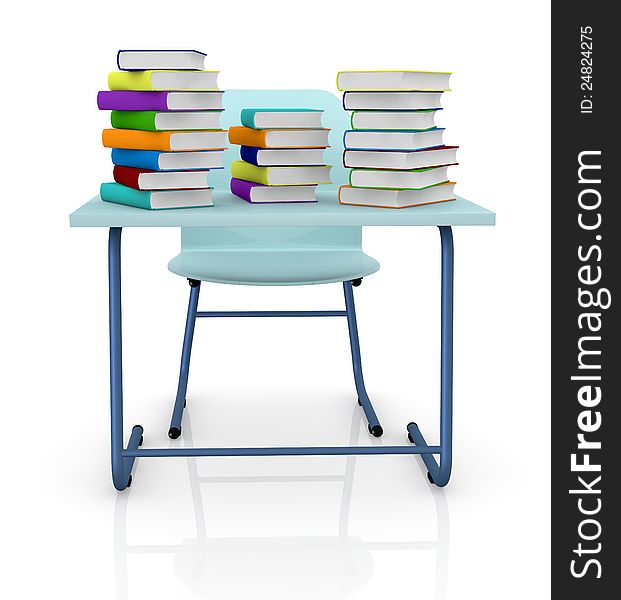 Front view of a school desk with stacks of colored books over it (3d render). Front view of a school desk with stacks of colored books over it (3d render)