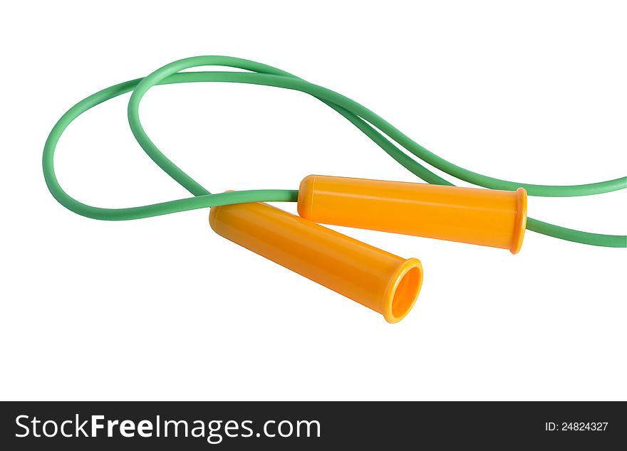 Green jump rope with yellow handles on white background. Clipping path is included