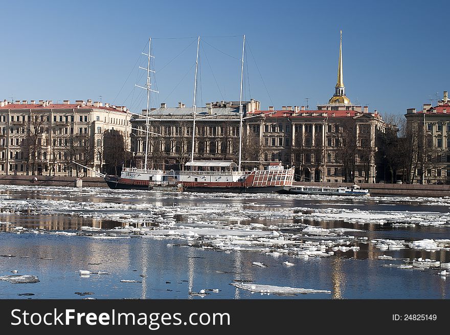 View of the Admiralty embankment in the city of St. Petersburg in the spring. View of the Admiralty embankment in the city of St. Petersburg in the spring