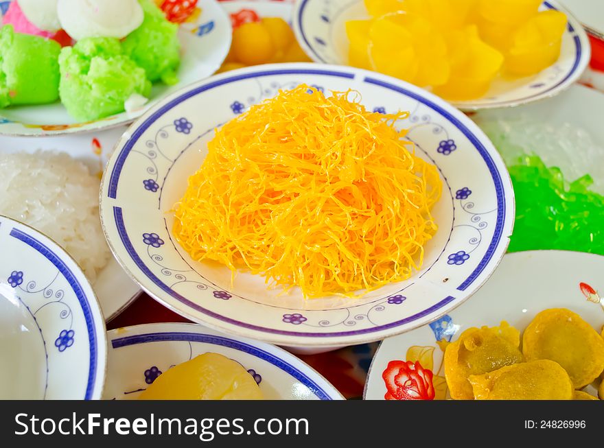 Many kind of Thai dessert on table