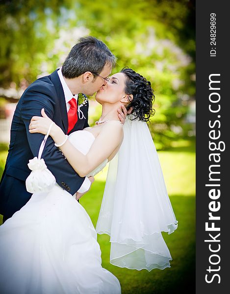 Bride and groom in a park kissing on green background