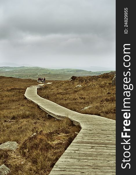 Path in mountains in Ireland in fog