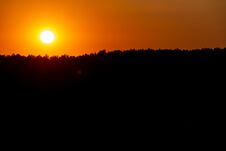 Beautiful Sunset Over The Forest On A Summer Day. The Dark Silhouette Of The Forest And The Bright Blinding Orange Sun Lightly Tou Stock Image