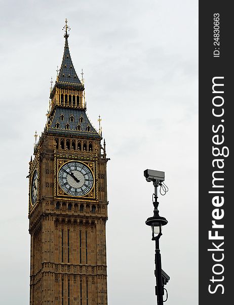 Photograph of Westminster Tower, Big Ben, with a CCTV security camera watching. Photograph of Westminster Tower, Big Ben, with a CCTV security camera watching