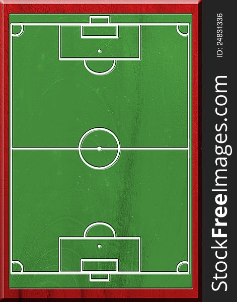 White stripes of soccer field on green wooden plate. White stripes of soccer field on green wooden plate