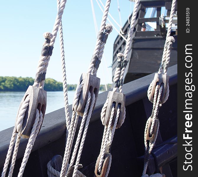 Ships rigging of four pulleys on a 15th century vessel. Ships rigging of four pulleys on a 15th century vessel