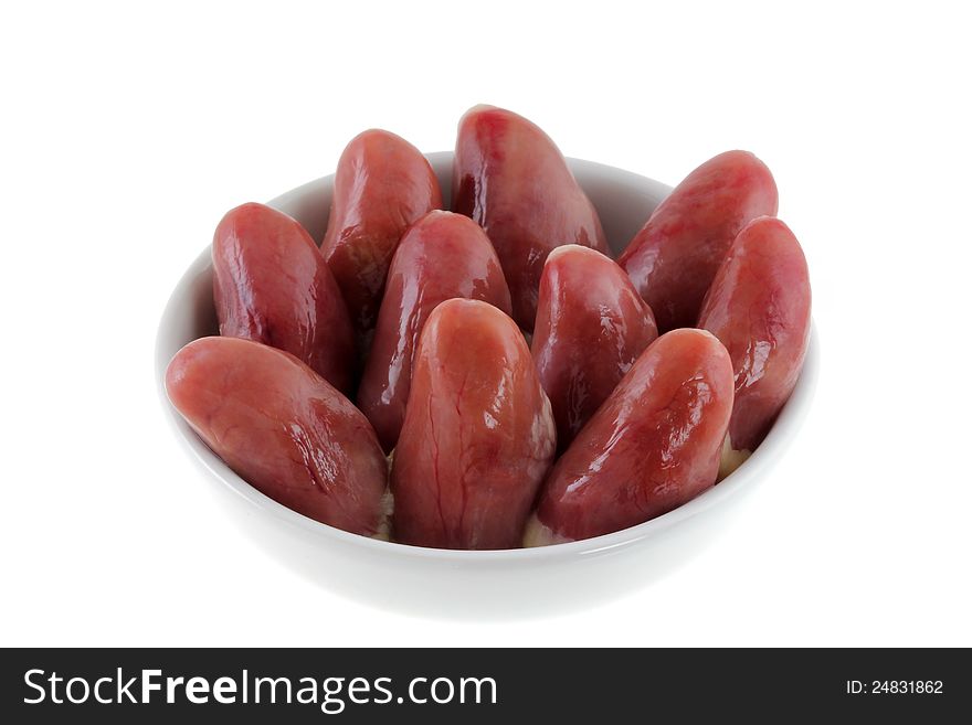 A bowl of Fresh Chicken Hearts isolated on a white background