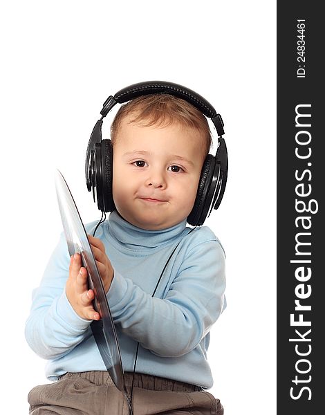 Portrait of lovely child in headphones, isolated
