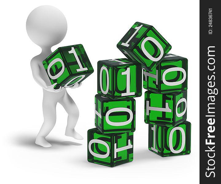 3d character building digital home with green binary cubes. 3d character building digital home with green binary cubes