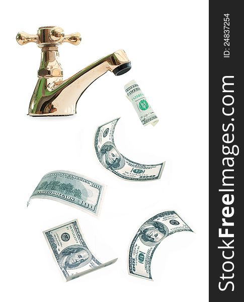 Dollar banknotes coming out of a tap. Dollar banknotes coming out of a tap