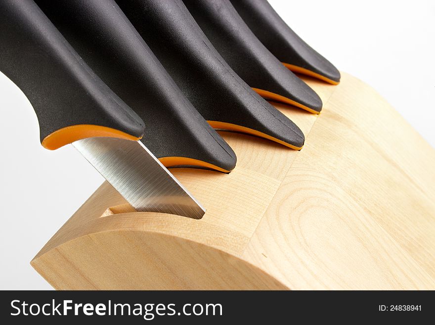 Kitchen knife block with knifes closeup