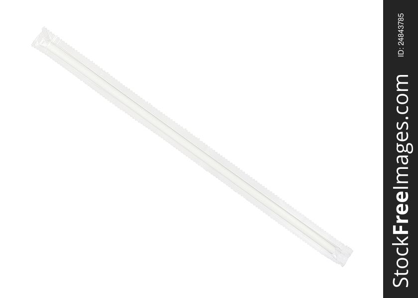 Clean drinking straw in plastic wrap isolated on white background