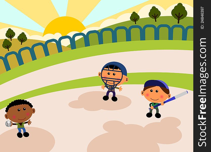 Group of cute cartoon kids playing baseball in the park. Group of cute cartoon kids playing baseball in the park