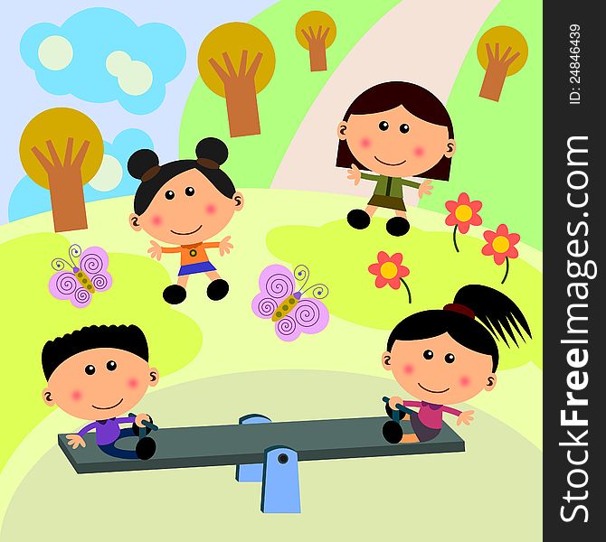 Group of cute cartoon kids playing in the park and riding a seesaw. Group of cute cartoon kids playing in the park and riding a seesaw